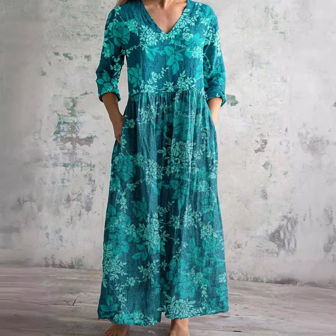 Dame Blomsterprint V-hals Maxi Sommerkjole - Blauwgroen