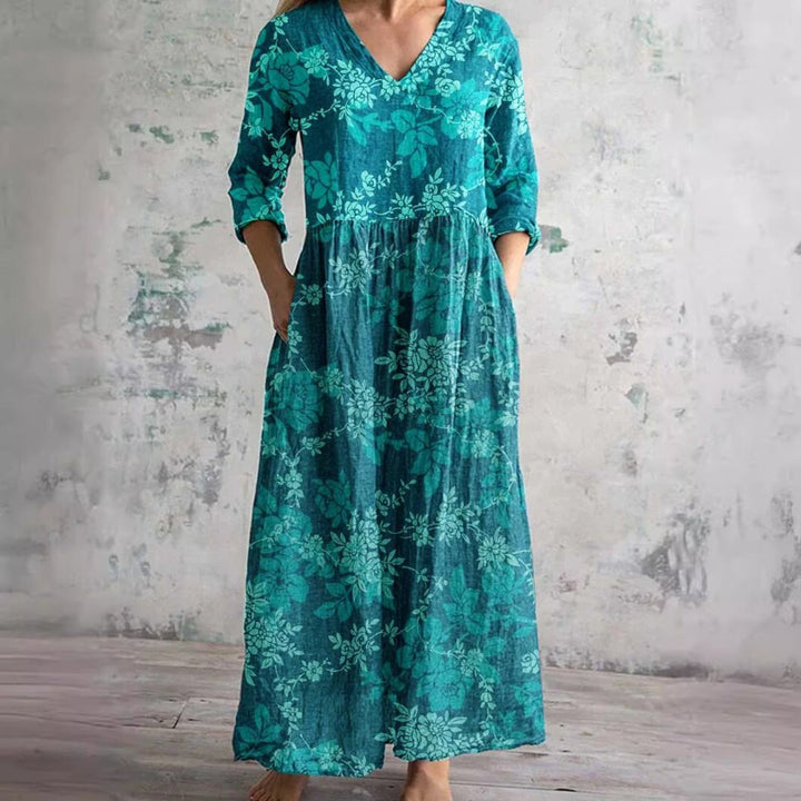 Dame Blomsterprint V-hals Maxi Sommerkjole - Blauwgroen