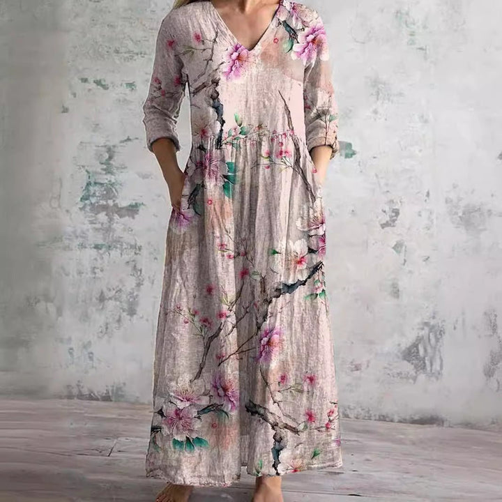 Dame Blomsterprint V-hals Maxi Sommerkjole - Roze