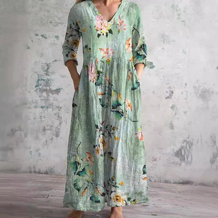 Dame Blomsterprint V-hals Maxi Sommerkjole - Mintgroen
