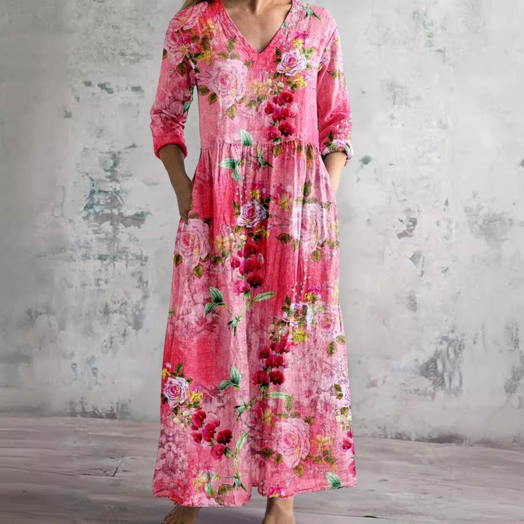 Dame Blomsterprint V-hals Maxi Sommerkjole - Fuchsia