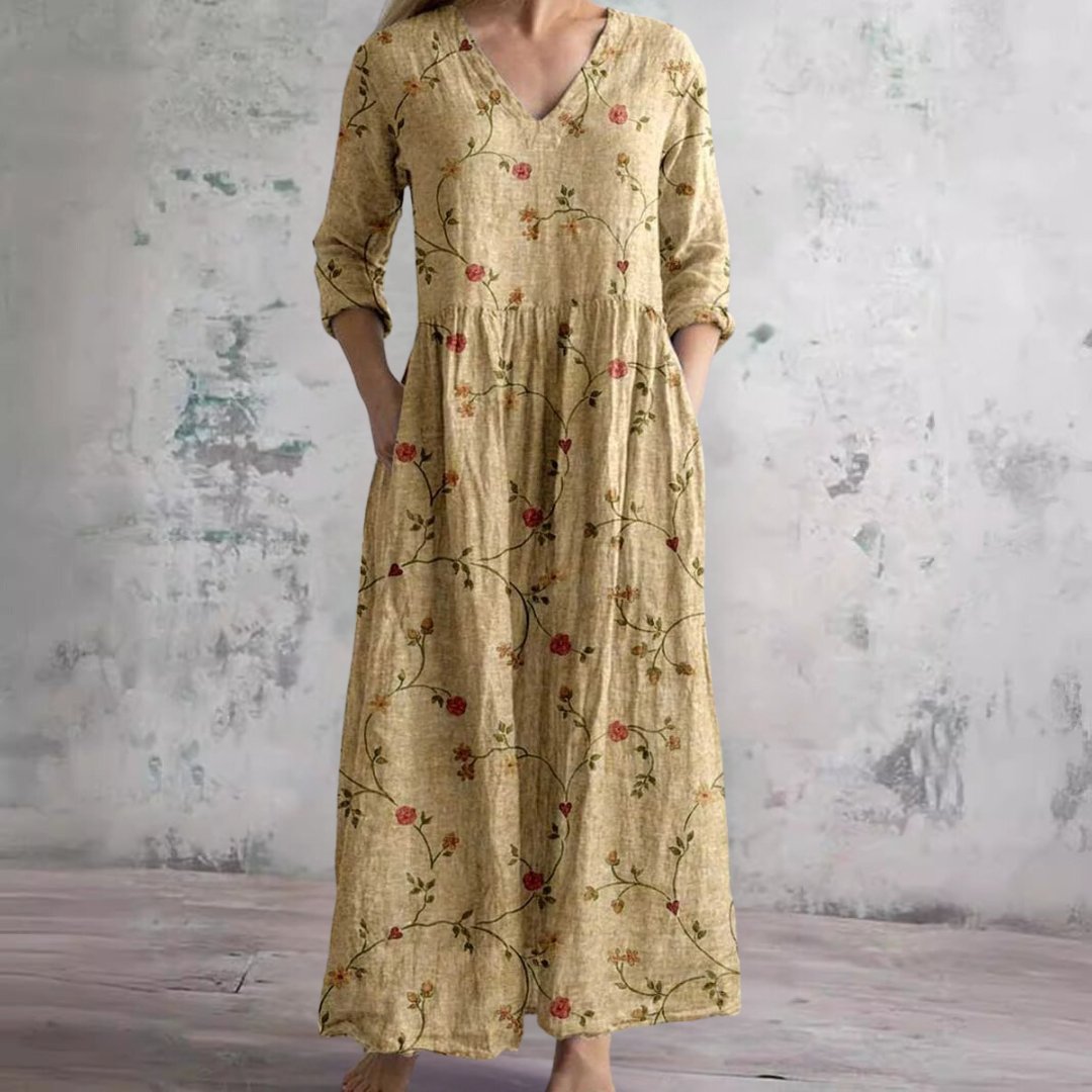 Dame Blomsterprint V-hals Maxi Sommerkjole - Geel