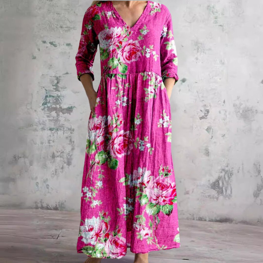 Dame Blomsterprint V-hals Maxi Sommerkjole - Koraal Roze