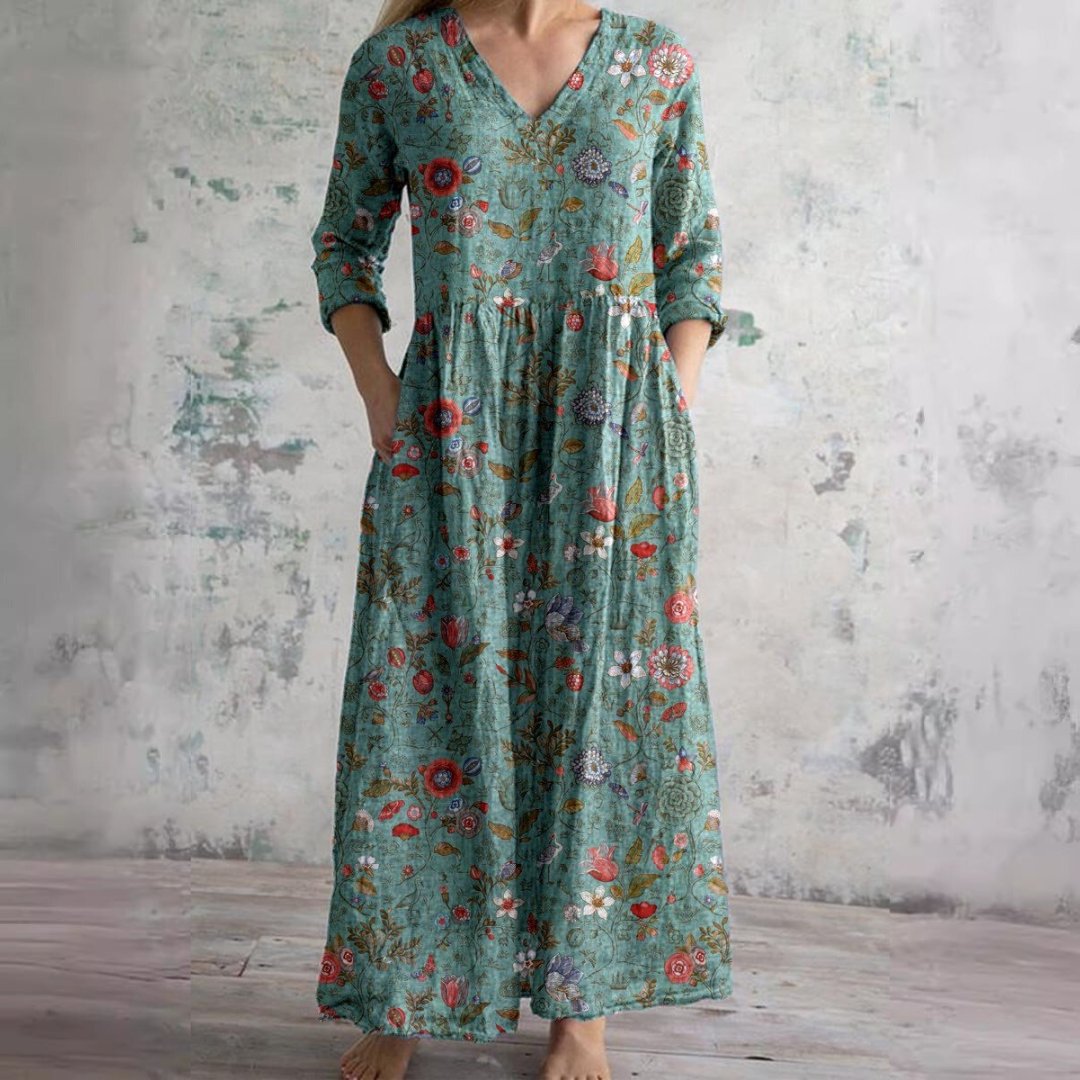 Dame Blomsterprint V-hals Maxi Sommerkjole - Groen
