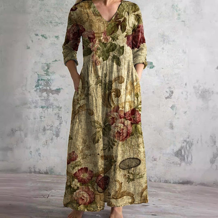 Dame Blomsterprint V-hals Maxi Sommerkjole - Donker Beige