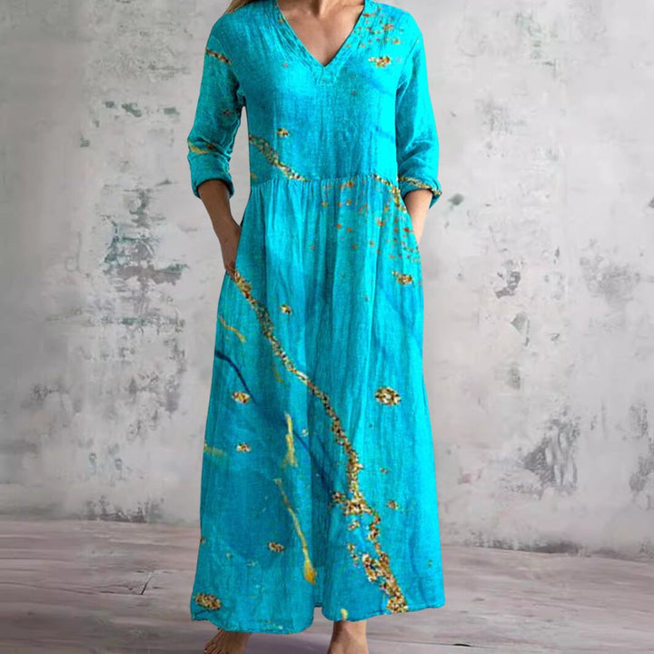 Dame Blomsterprint V-hals Maxi Sommerkjole - Turkoois