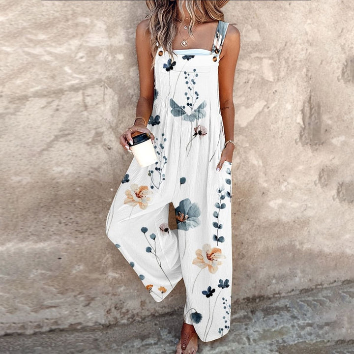 Dame Blomsterprint Wide-Leg Overalls Ærmeløs Jumpsuit - White