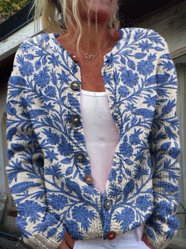 Dame Blomsterstrikket Cardigan Rundhalset Knapper - Stil 1