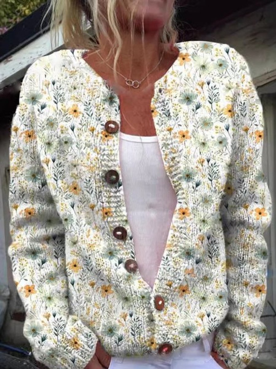 Dame Blomsterstrikket Cardigan Rundhalset Knapper - Stil 2