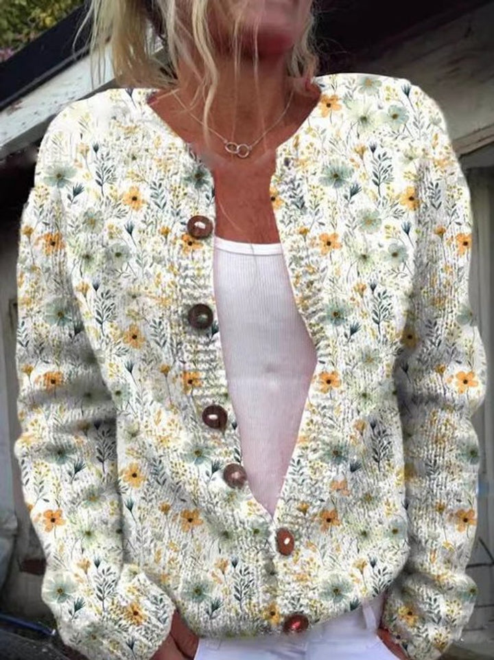 Dame Blomsterstrikket Cardigan Rundhalset Knapper - Stil 2