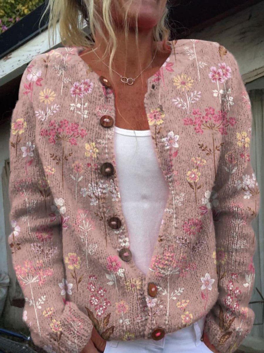 Dame Blomsterstrikket Cardigan Rundhalset Knapper - Stil 3
