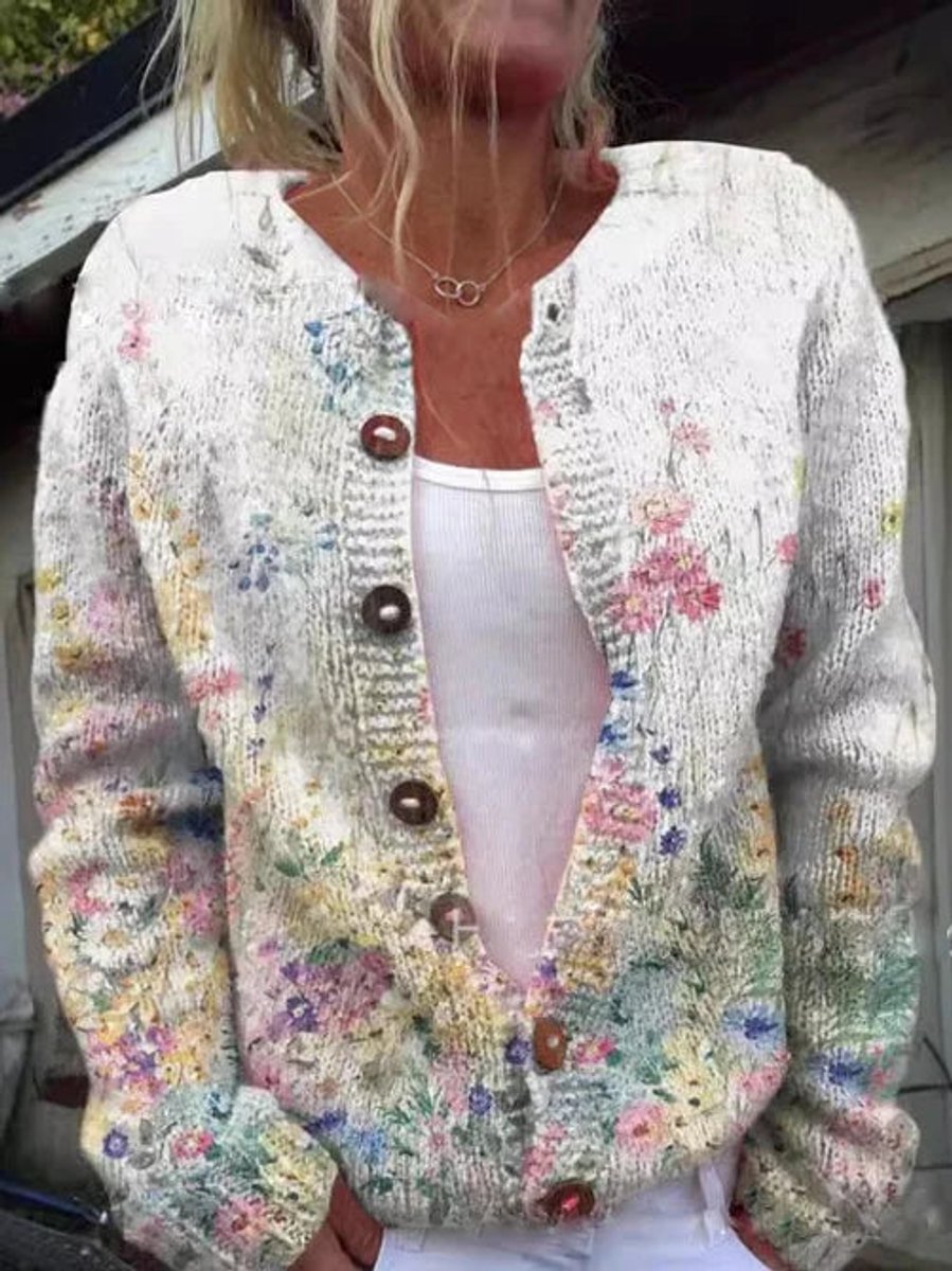 Dame Blomsterstrikket Cardigan Rundhalset Knapper - Stil 4
