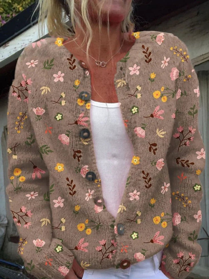 Dame Blomsterstrikket Cardigan Rundhalset Knapper - Stil 5