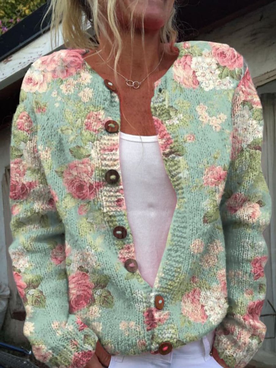 Dame Blomsterstrikket Cardigan Rundhalset Knapper - Stil 6