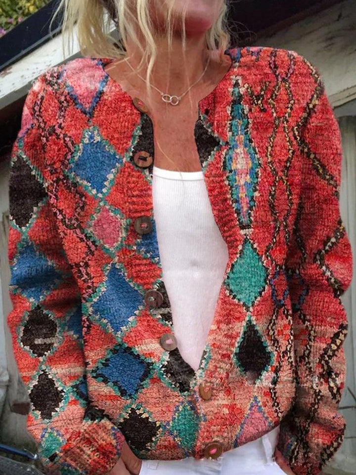 Dame Blomsterstrikket Cardigan Rundhalset Knapper - Stil 7
