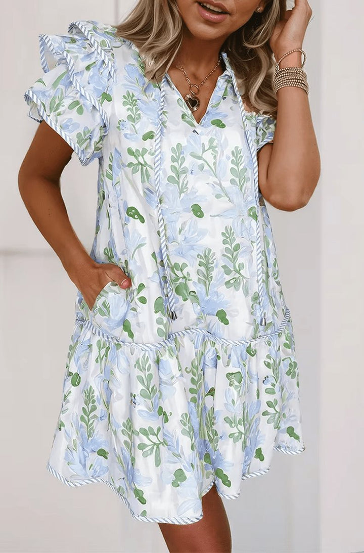 Dame Blomstret Kortermet Mini-kjole Flæseærmer V-hals - Blue