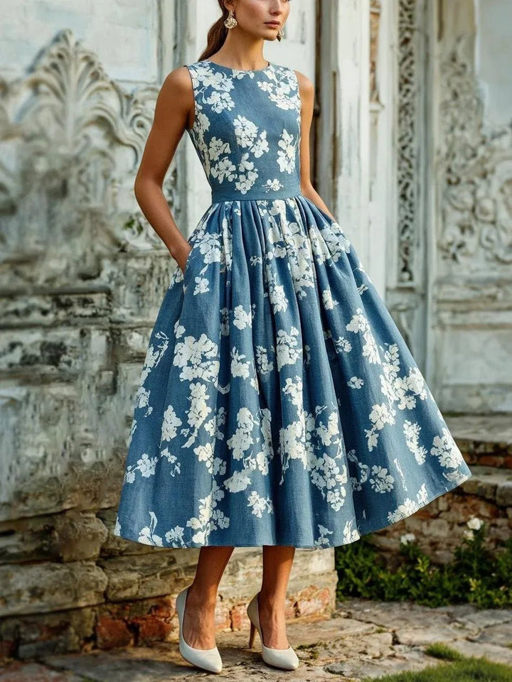 Dame Blomstret Linen Midi Kjole Ærmeløs - Blue