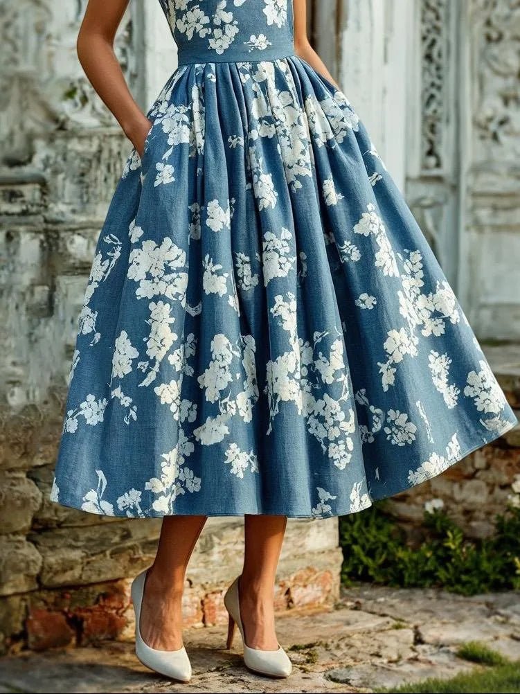 Dame Blomstret Linen Midi Kjole Ærmeløs