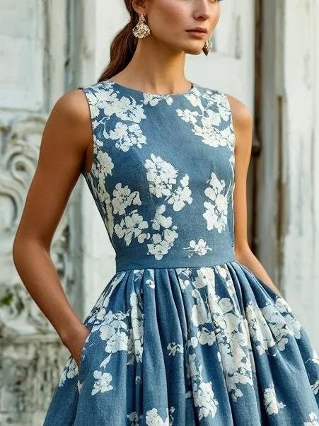 Dame Blomstret Linen Midi Kjole Ærmeløs