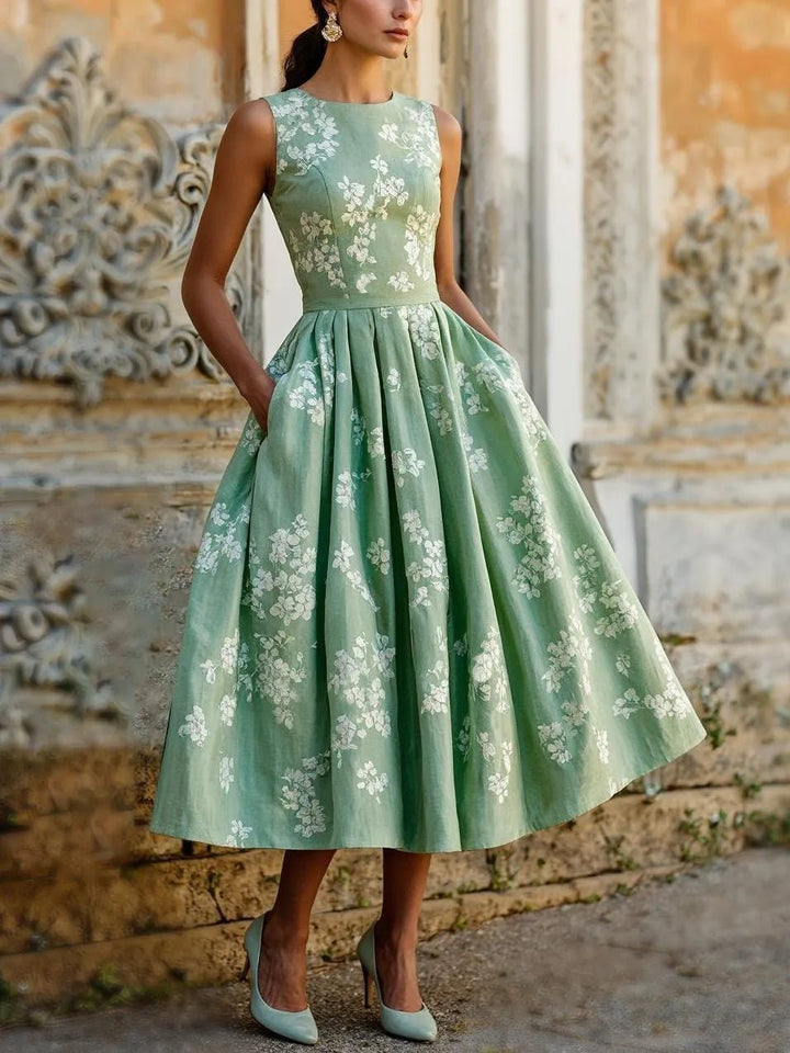Dame Blomstret Linen Midi Kjole Ærmeløs - Green