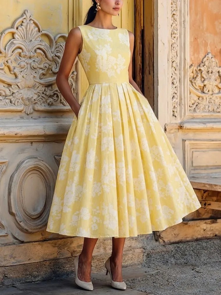 Dame Blomstret Linen Midi Kjole Ærmeløs - Yellow