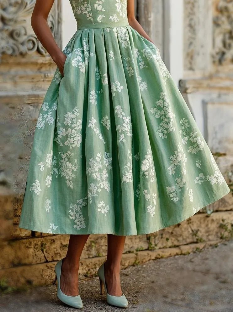 Dame Blomstret Linen Midi Kjole Ærmeløs
