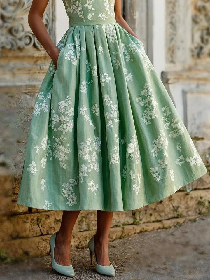 Dame Blomstret Linen Midi Kjole Ærmeløs