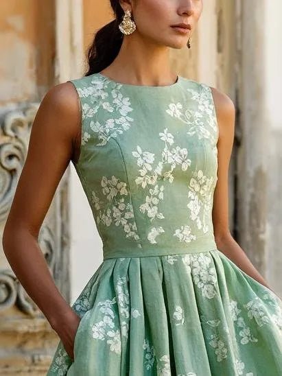 Dame Blomstret Linen Midi Kjole Ærmeløs