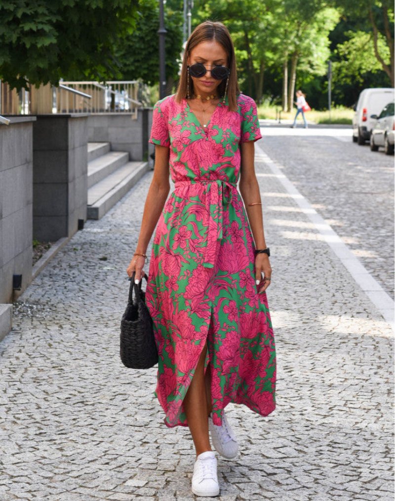 Dame Blomstret Wrap Midi-kjole Korte Ærmer V-udskæring Bindebælte - Dark Pink