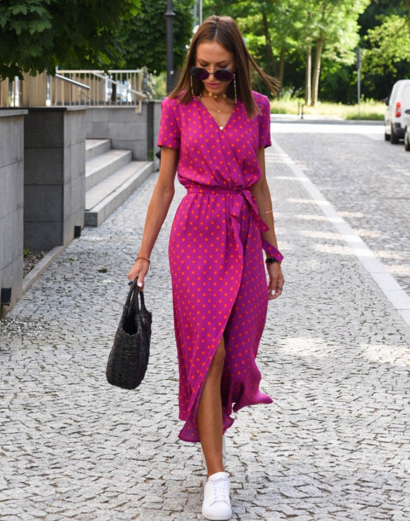 Dame Blomstret Wrap Midi-kjole Korte Ærmer V-udskæring Bindebælte - Fuschia
