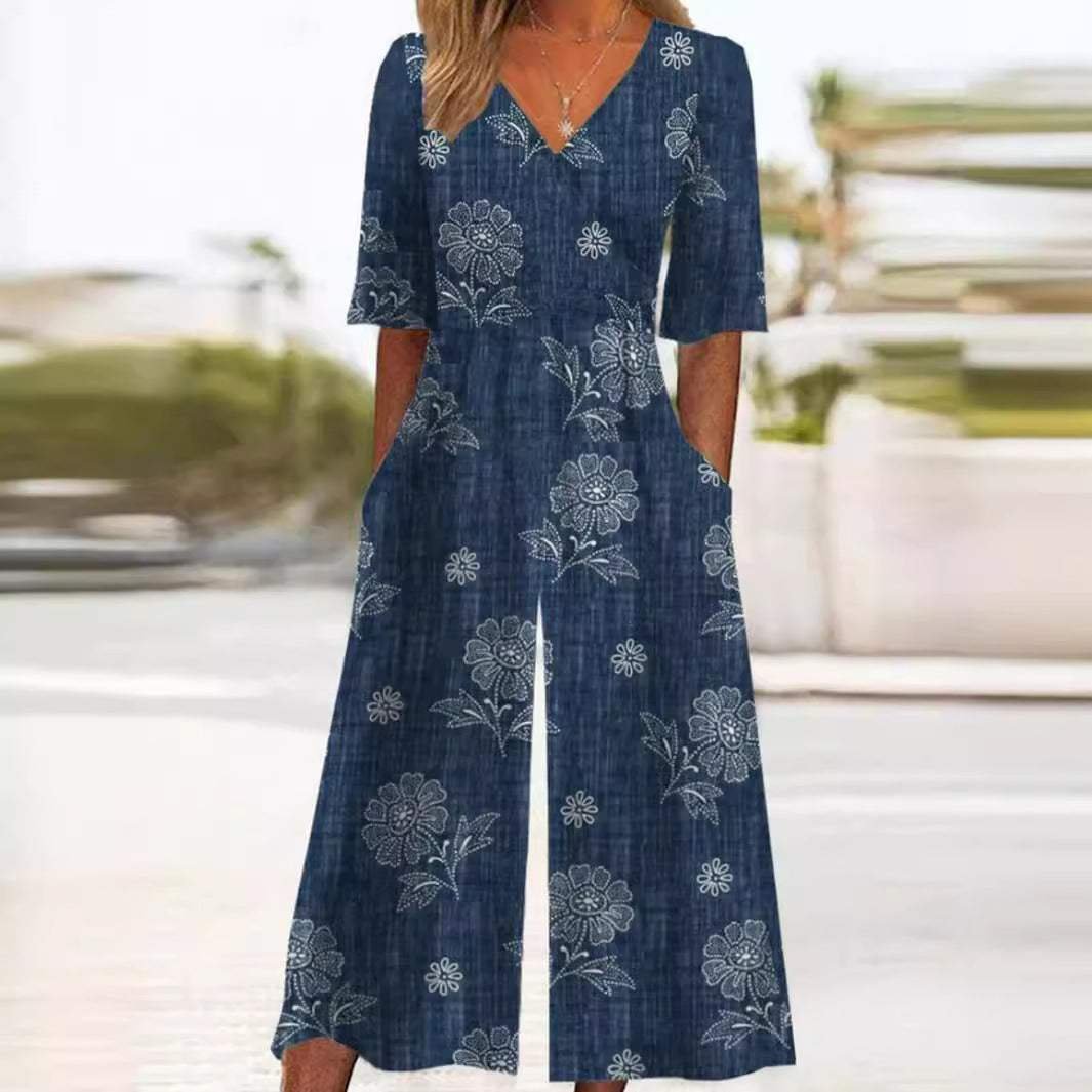 Dame Boho Blomsterprint Jumpsuit V-hals Halværmer Lommer - Navy Blue