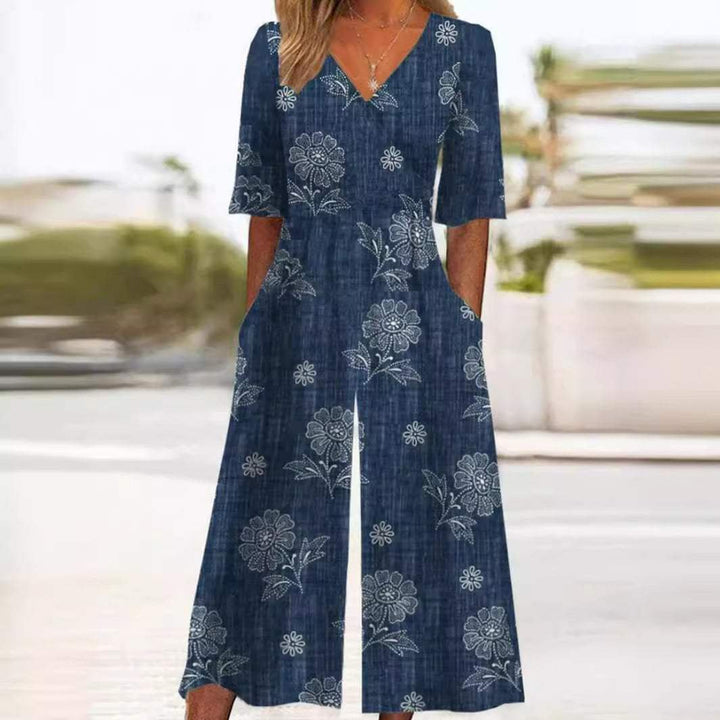 Dame Boho Blomsterprint Jumpsuit V-hals Halværmer Lommer - Navy Blue