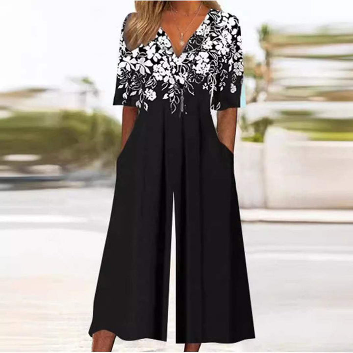 Dame Boho Blomsterprint Jumpsuit V-hals Halværmer Lommer - Black