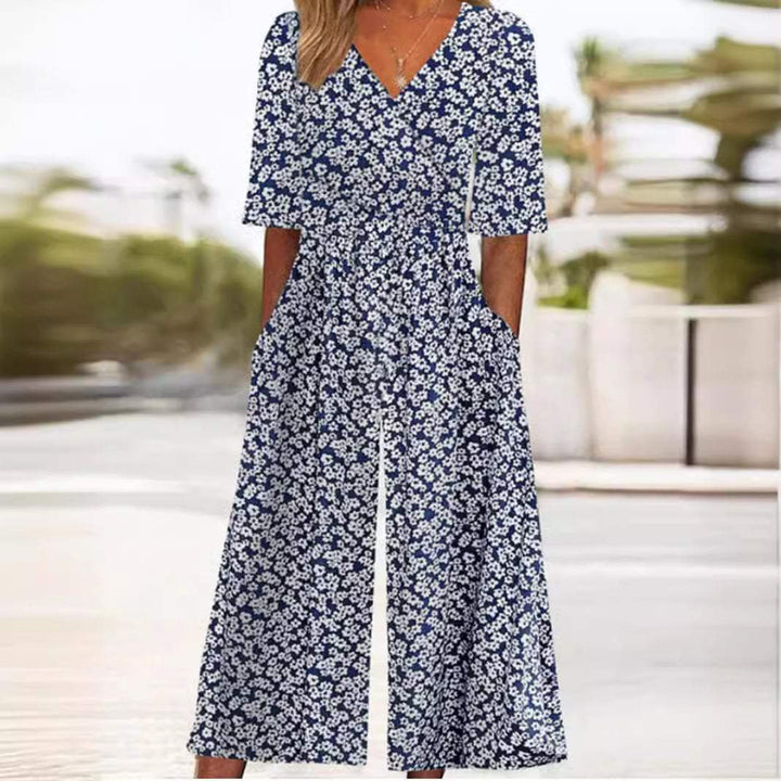 Dame Boho Blomsterprint Jumpsuit V-hals Halværmer Lommer