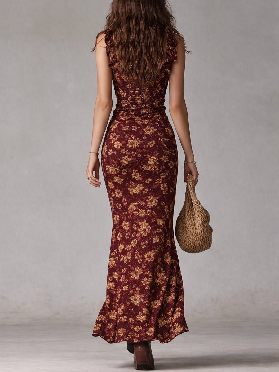 Dame Boho Blomstret Maxi Kjole Smock Ærmeløs Sideslids