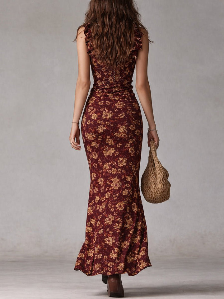 Dame Boho Blomstret Maxi Kjole Smock Ærmeløs Sideslids