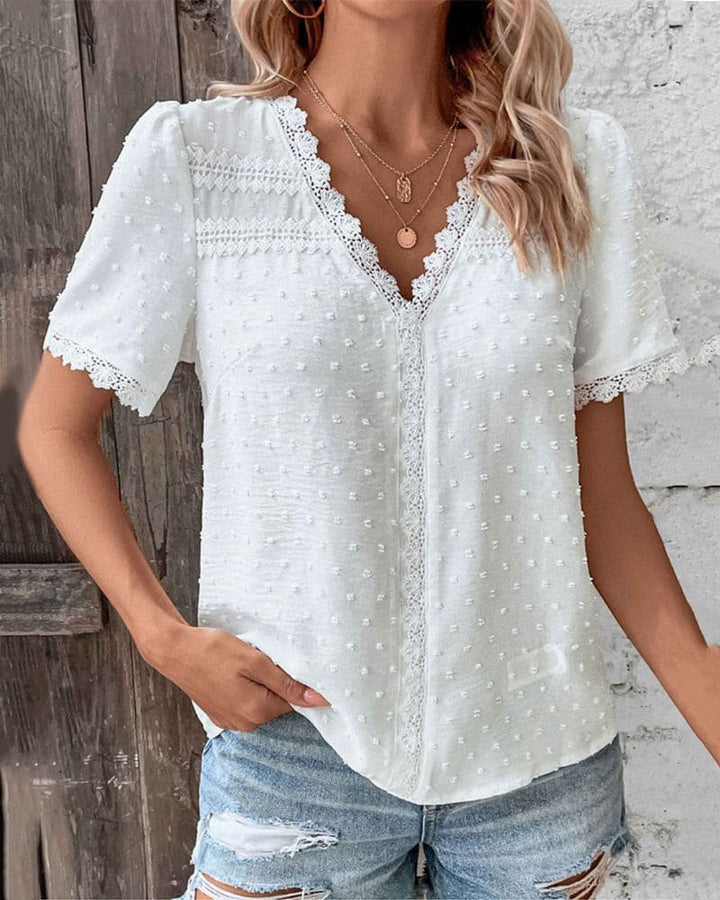 Dame Boho Bluse med Blondekant Swiss Dot V-hals