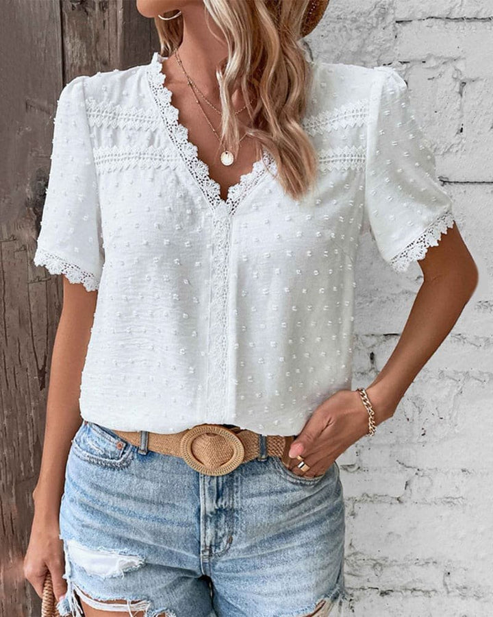 Dame Boho Bluse med Blondekant Swiss Dot V-hals