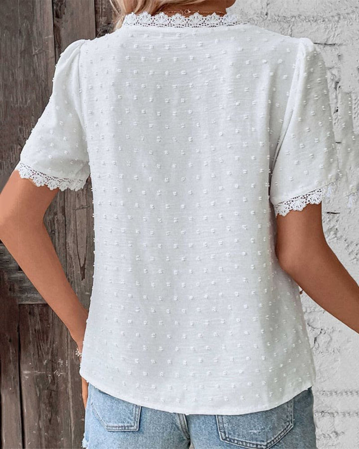 Dame Boho Bluse med Blondekant Swiss Dot V-hals