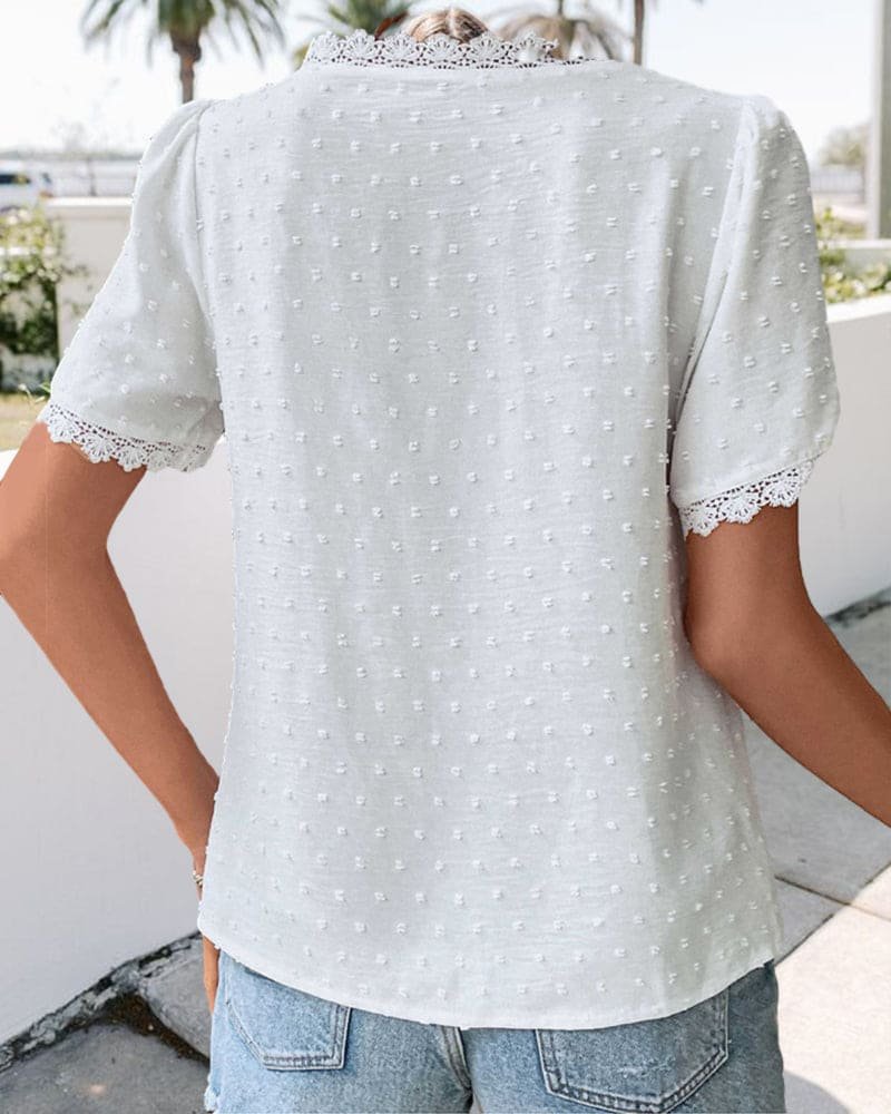 Dame Boho Bluse med Blondekant Swiss Dot V-hals