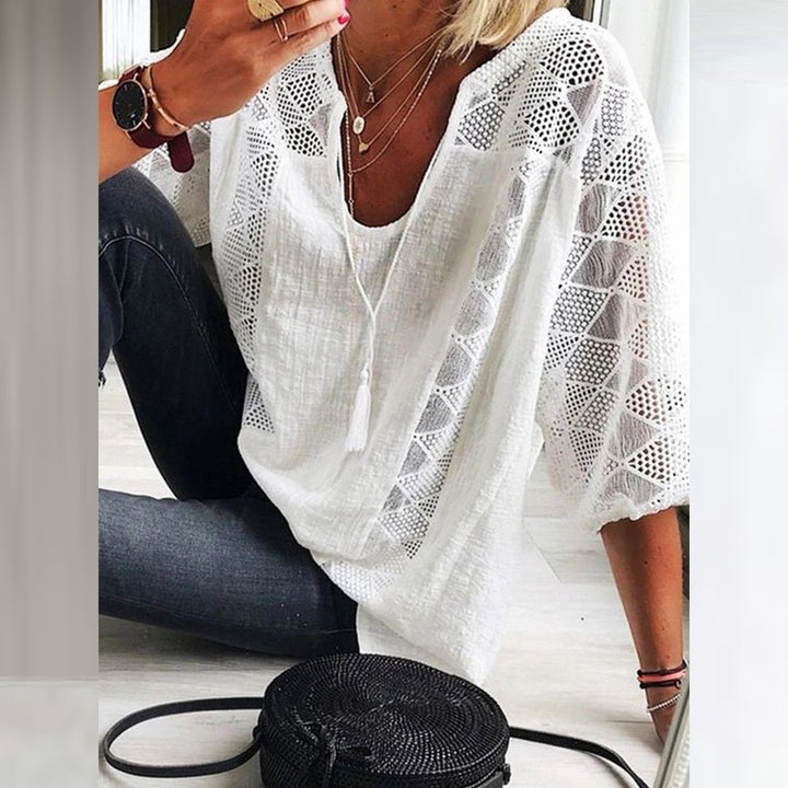 Dame Boho Løstsiddende Bluse med Hæklet Detalje og Trekvart Ærmer - White(Only 3 left!)