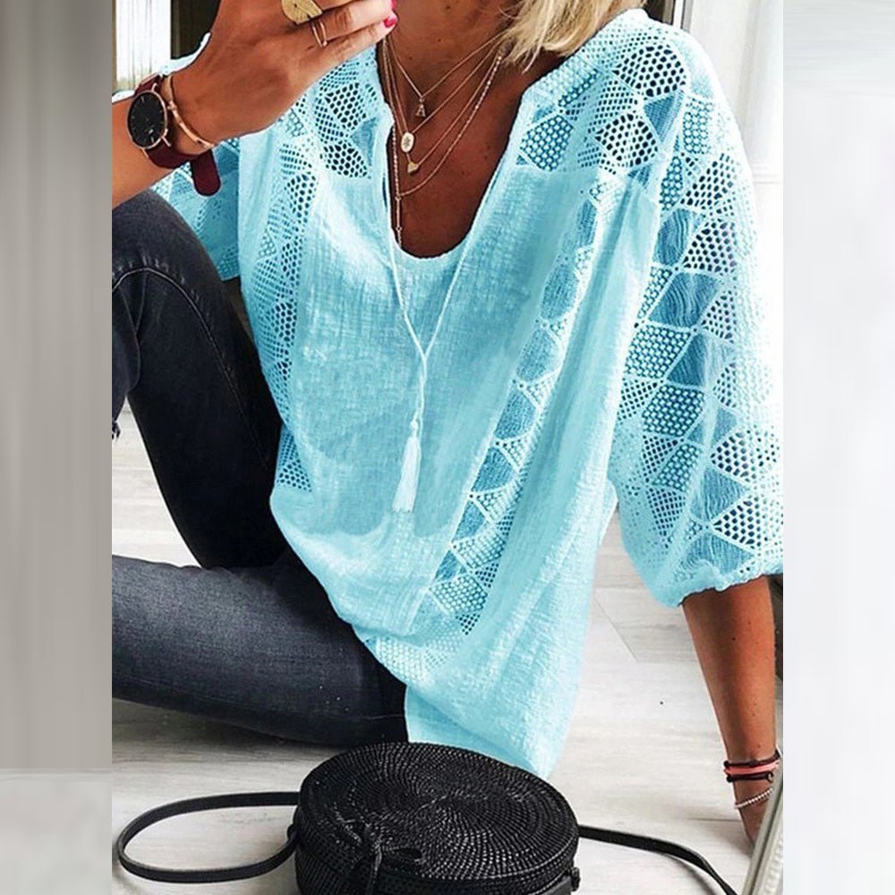 Dame Boho Løstsiddende Bluse med Hæklet Detalje og Trekvart Ærmer - Light Blue (Only 2 left!)