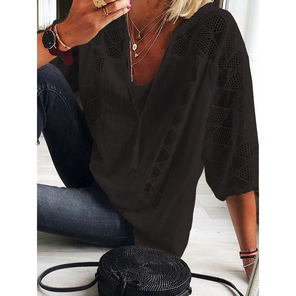 Dame Boho Løstsiddende Bluse med Hæklet Detalje og Trekvart Ærmer - Black