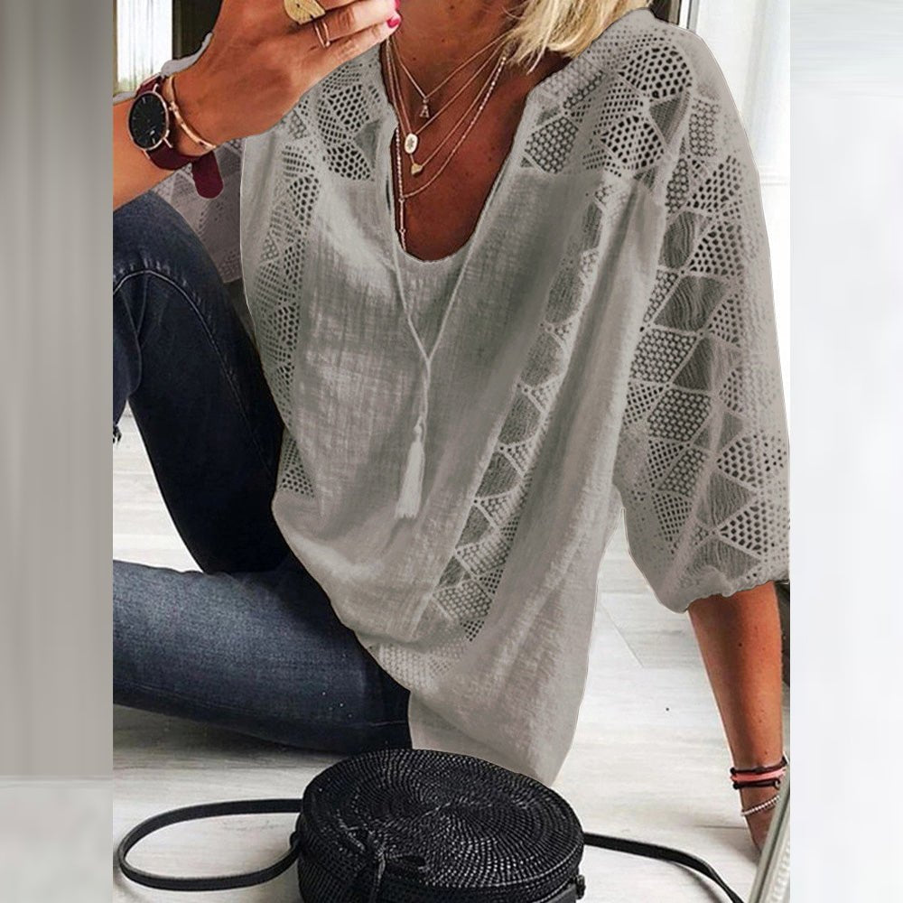 Dame Boho Løstsiddende Bluse med Hæklet Detalje og Trekvart Ærmer - Grey(Only 6 left!)