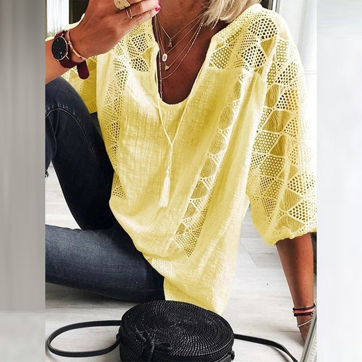 Dame Boho Løstsiddende Bluse med Hæklet Detalje og Trekvart Ærmer - Yellow