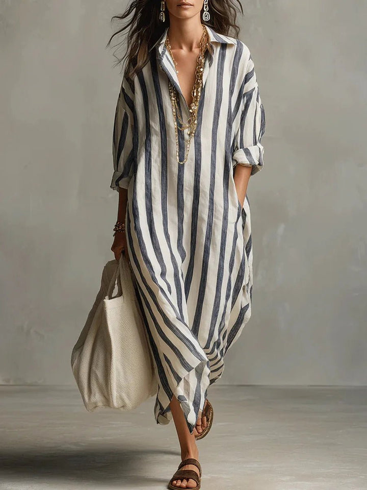 Dame Boho Oversized Stribet Linned Maxi Skjortekjole - Blue