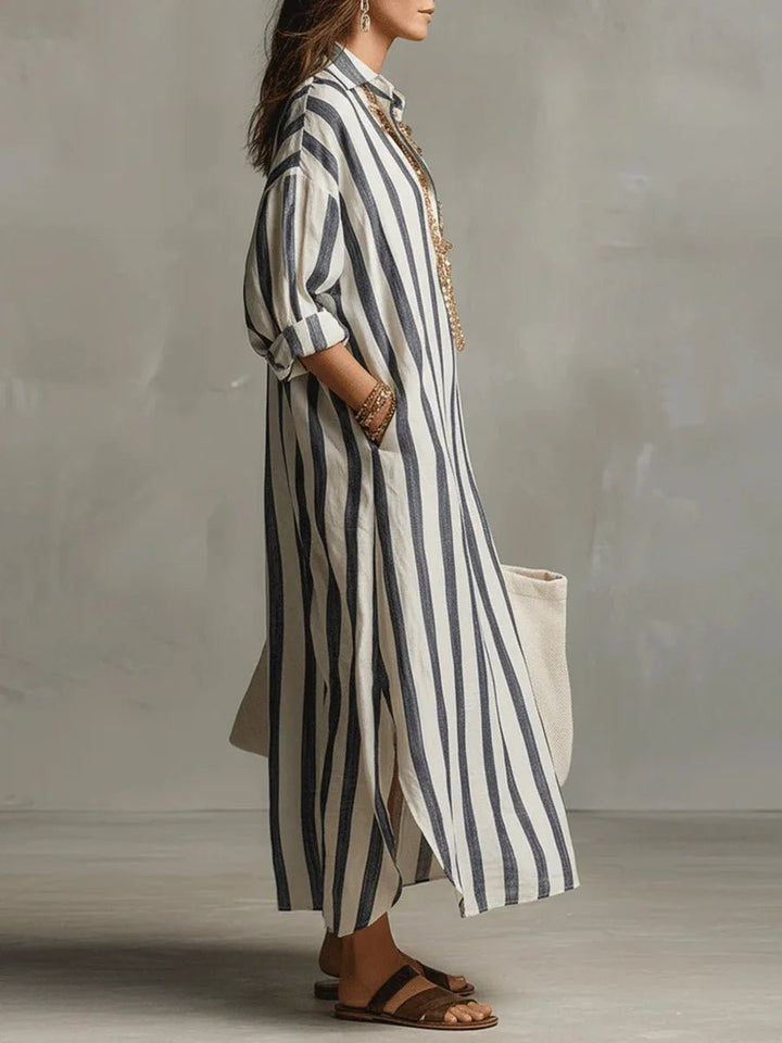 Dame Boho Oversized Stribet Linned Maxi Skjortekjole