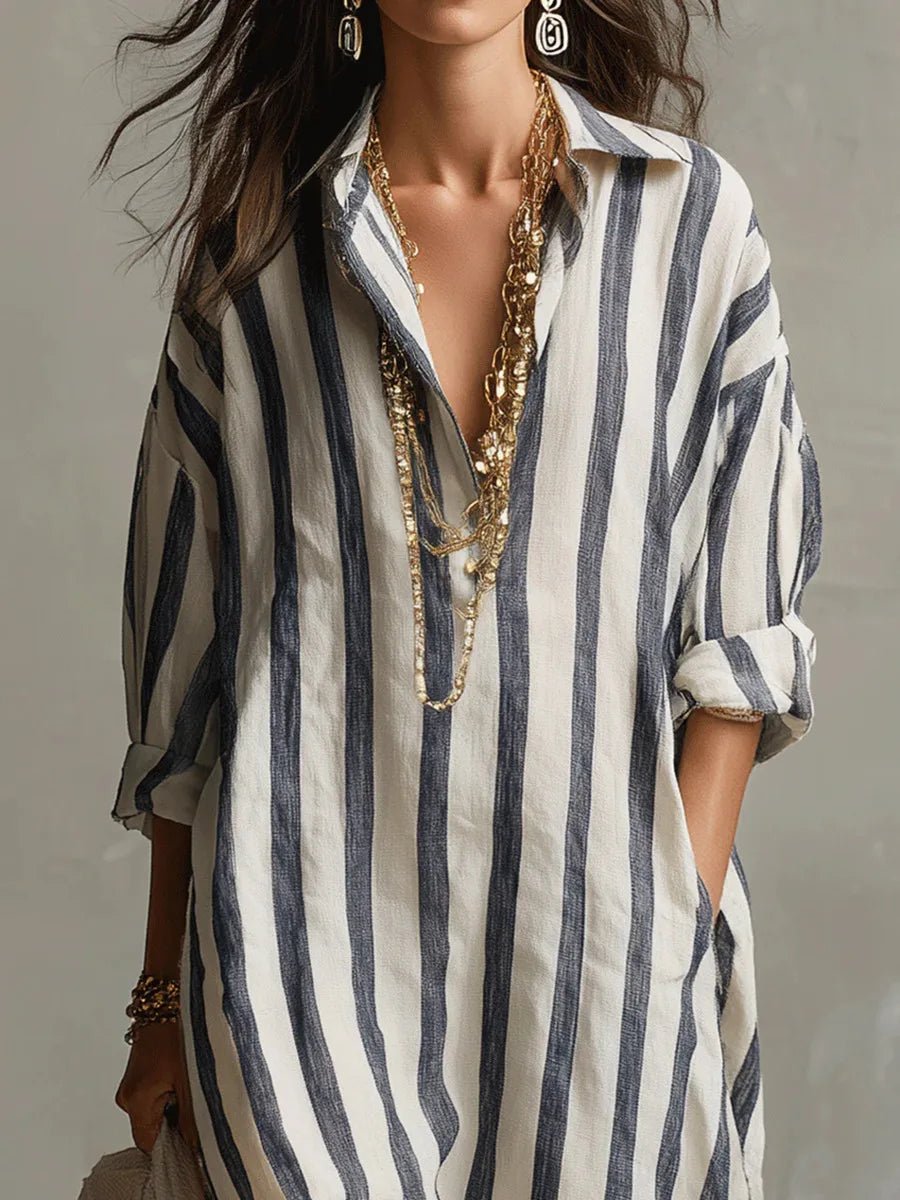 Dame Boho Oversized Stribet Linned Maxi Skjortekjole
