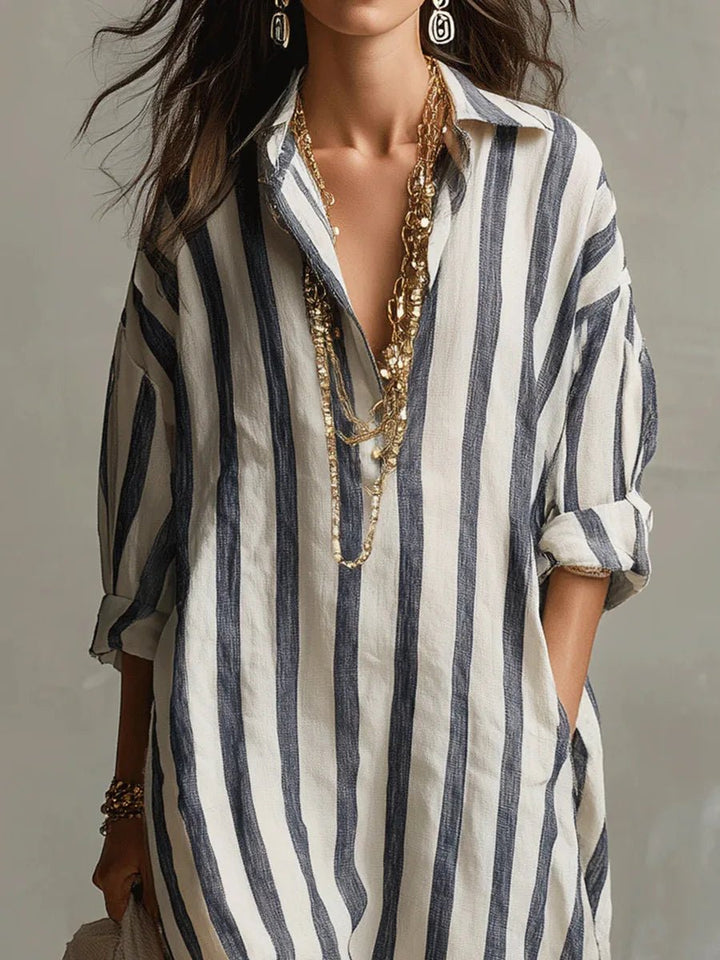 Dame Boho Oversized Stribet Linned Maxi Skjortekjole