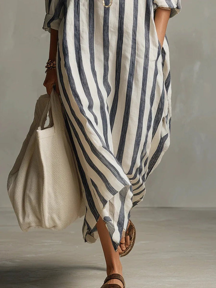 Dame Boho Oversized Stribet Linned Maxi Skjortekjole